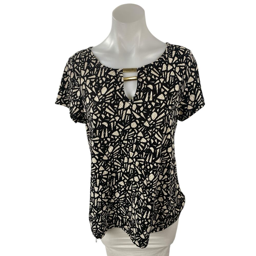80 Park Black Geometric Round Neck Keyhole Short Cap Sleeve T-Shirt Blouse Top L